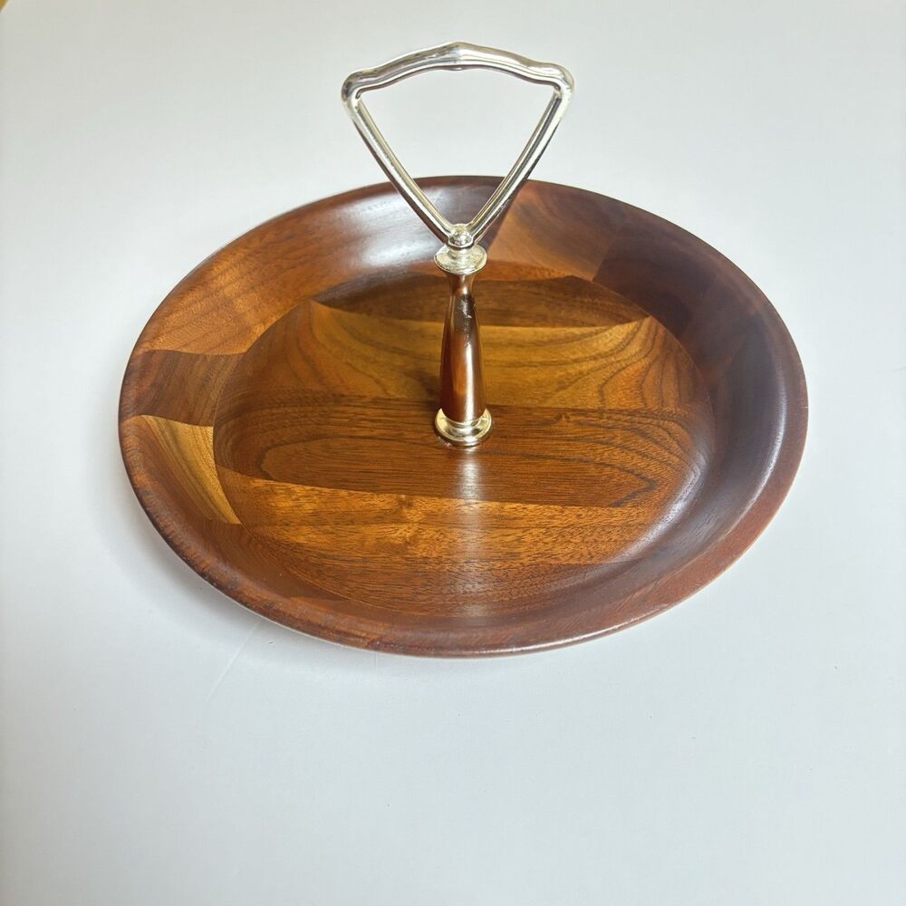 MCM Vermillion Walnut Serving Bowl w. Handle, 7" Bowl for Snack Nuts or Candy - Picture 2 of 7